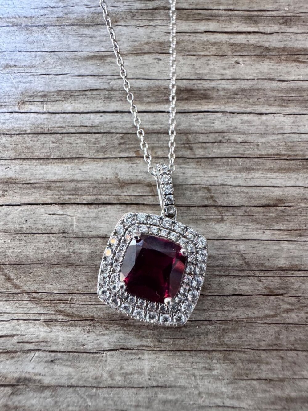 Sterling Silver 925 Red Gem CZ Pendant Necklace 18” 3.68g Vintage Style